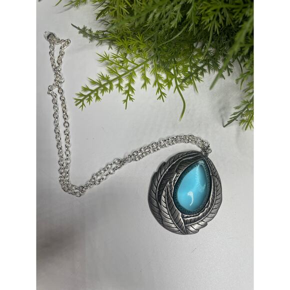 B1G2 FREE 🍁 Boho Feather Pendant Necklace with Turquoise Blue Stone Silver Chain - Picture 3 of 6